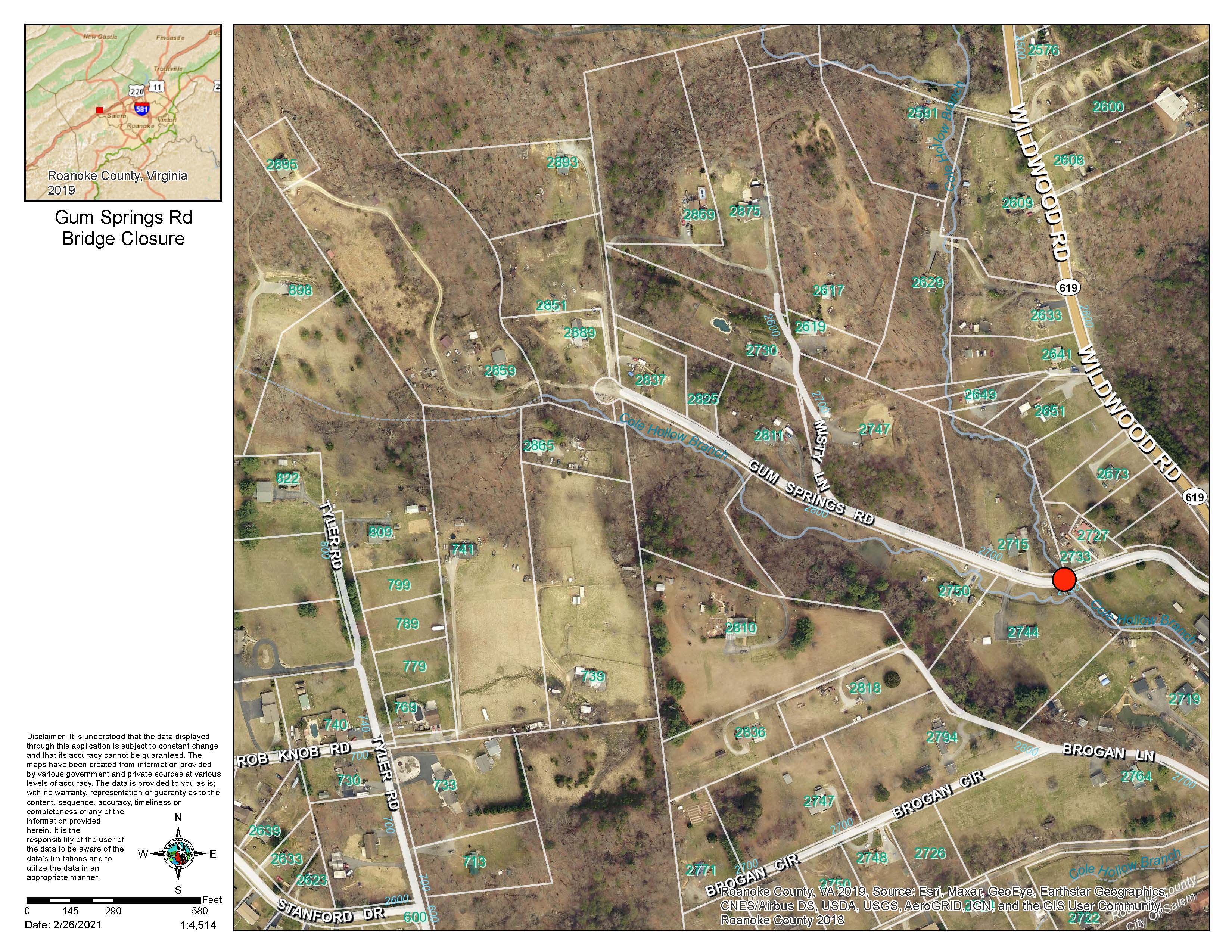 Gum Springs Road Bridge Closure Map 2-26-21
