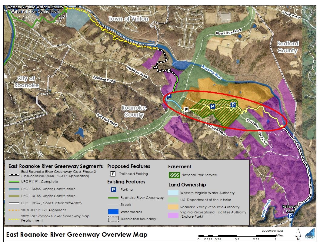East Roanoke River Greenway Overview Map with construction area