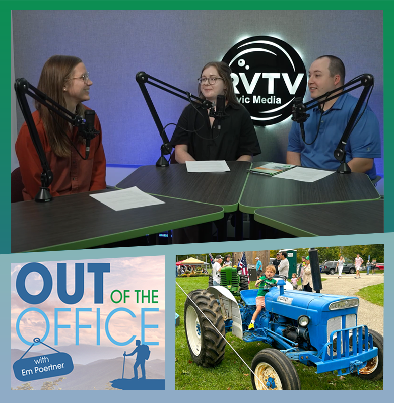 Three people sit in a podcast booth with an inset photo of a kid on a tractor.