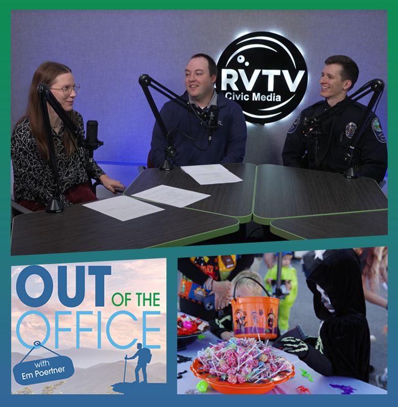 Three people sit in a podcast booth with an inset photo of a kid with candy